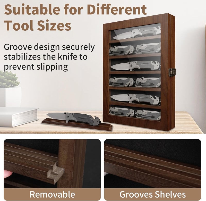 ASmileIndeep Pocket Knife Display Case 6 Row Military Knife Stand with HD Tempered Glass, Army Knife Box for Wall or Desk Display, Walnut - Image 3